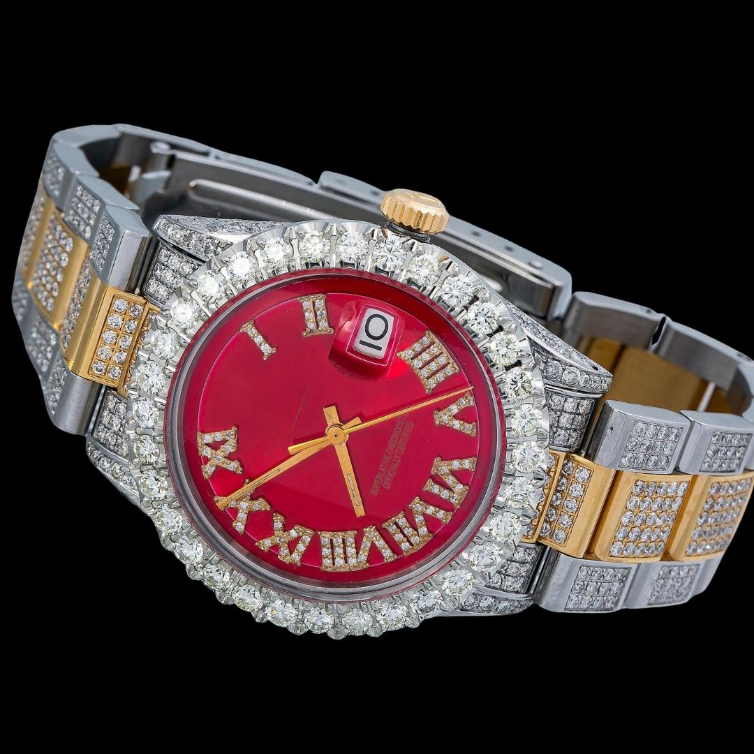 Rolex Red Roman Diamond Dial Two Tone Yellow Gold Oyster Bracelet Full Iced Out Moissanite Watch Close Up Front View