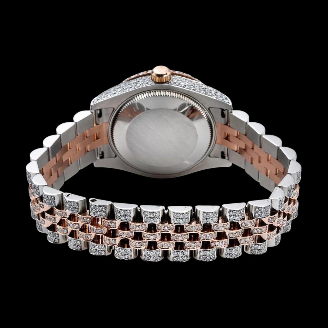 Rolex Rose Gold Diamond Paved Dial Blue Arabic Numerals Two Tone Jubilee Bracelet Iced Out Moissanite Watch Caseback View