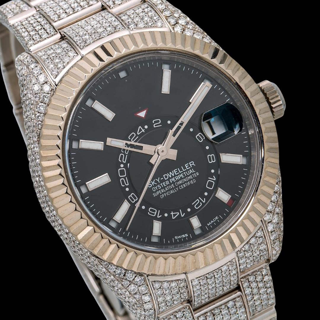 Rolex Sky-Dweller Black Dial White Stick Markers Fluted Bezel Fully Iced Out Moissanite Watch Close Up Dial View