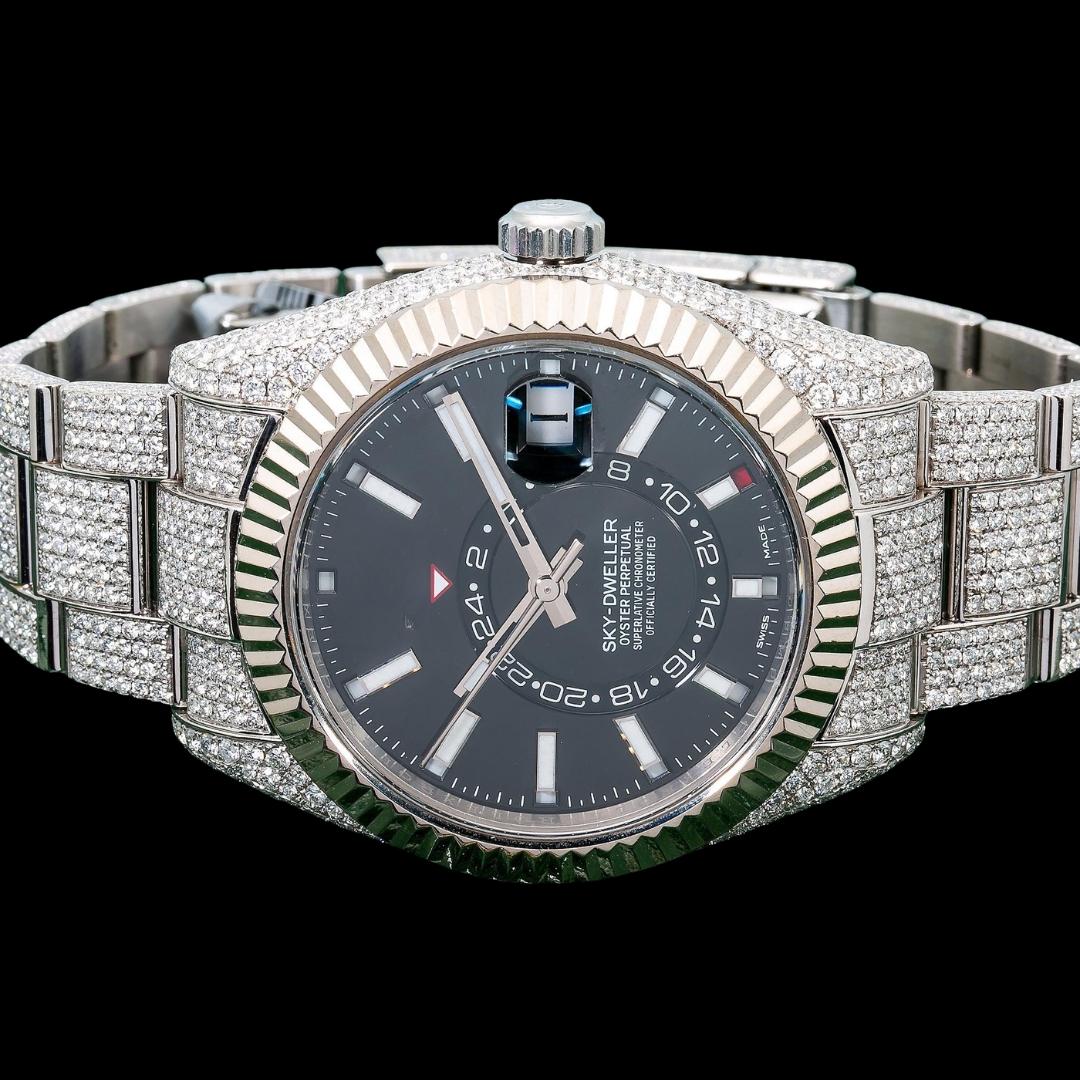 Rolex Sky-Dweller Black Dial White Stick Markers Fluted Bezel Fully Iced Out Moissanite Watch Close Up Front View