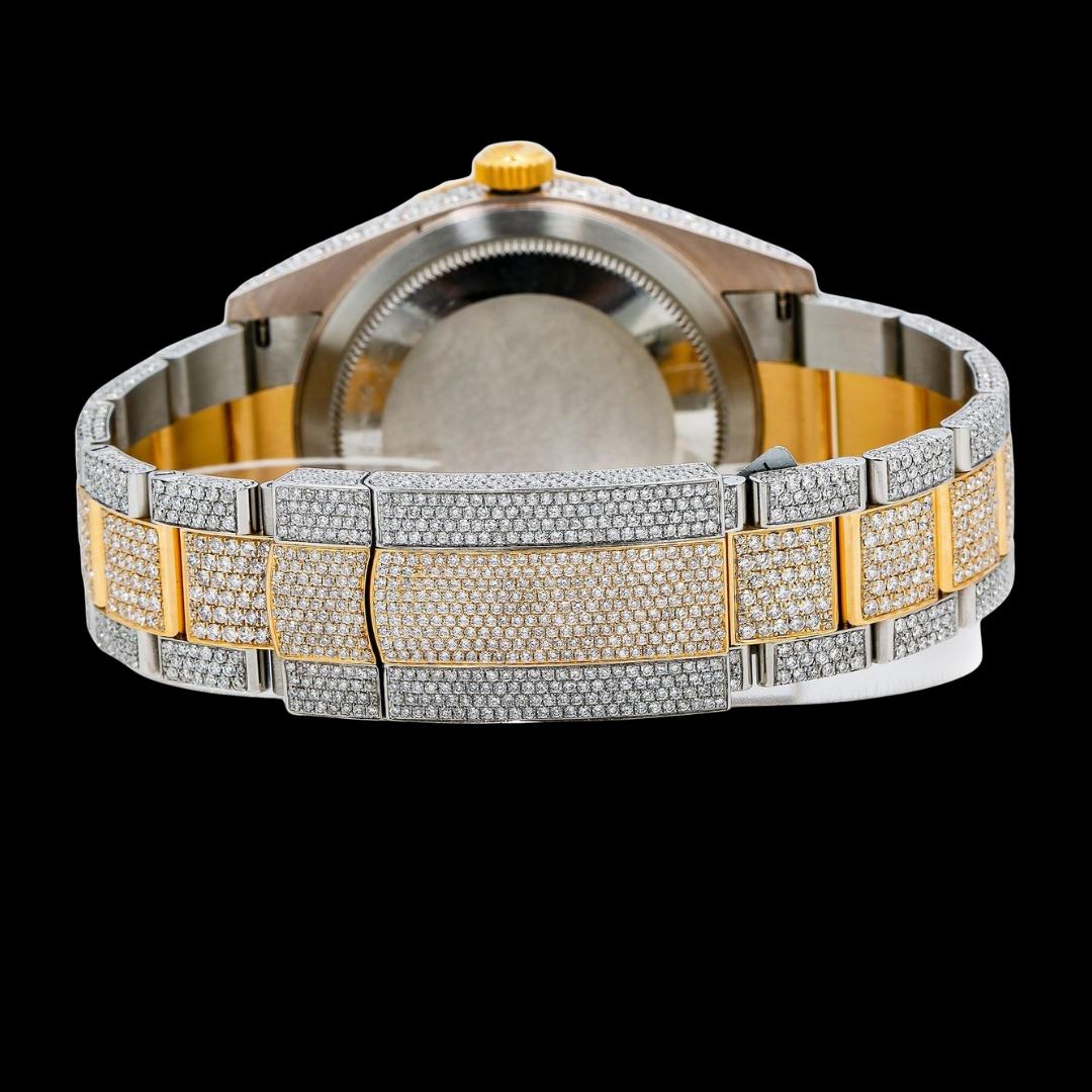 Rolex Sky-Dweller Black Dual Time Dial Stick Markers Two Tone Oyster Bracelet Iced Out Moissanite Watch Caseback View