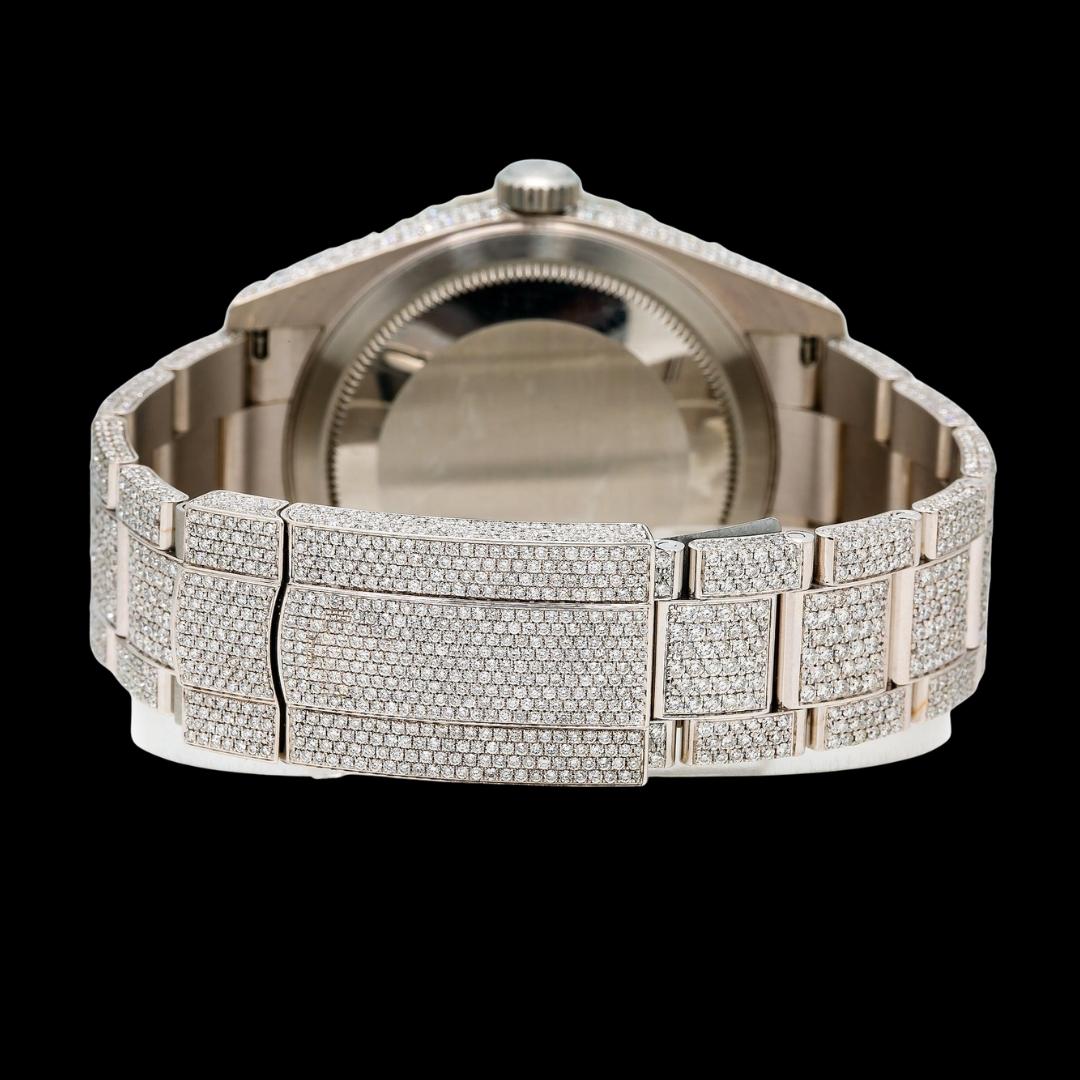 Rolex Sky-Dweller Black Dual Time Dial White Stick Markers Oyster Bracelet Iced Out Moissanite Watch Caseback View