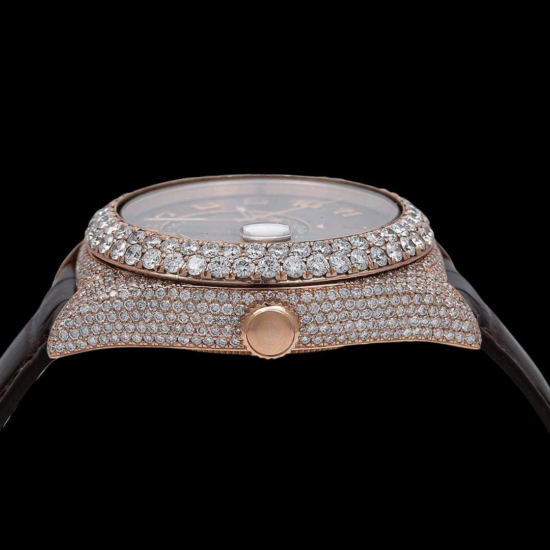 Rolex Sky-Dweller Brown Dial Standard Numerals Semi Iced Out Lather Strap Rose Gold Moissanite Watch Crown View