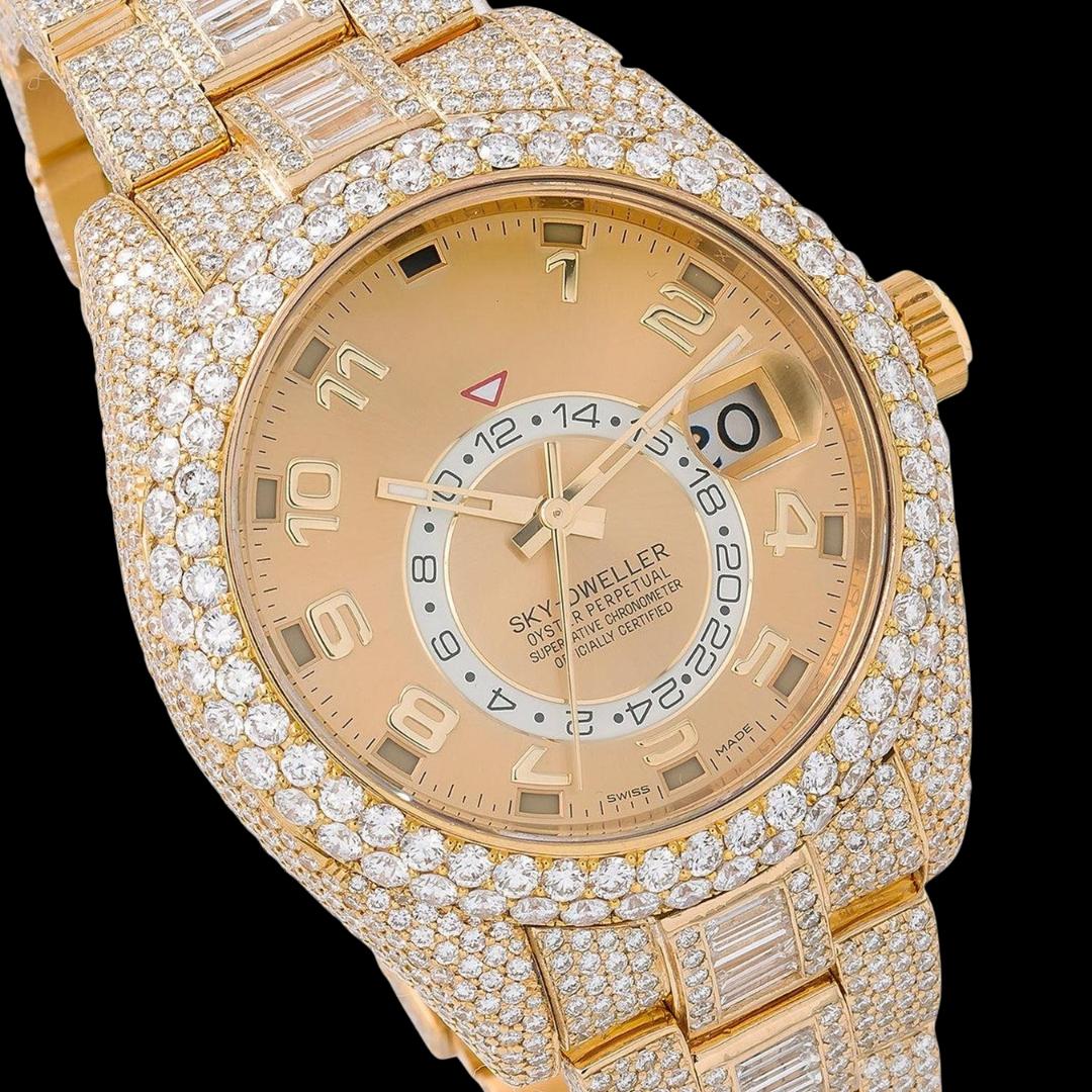 Rolex Sky-Dweller Champagne Dial Baguette Oyster Bracelet Fully Iced Out Yellow Gold Moissanite Watch Close Up Dial View