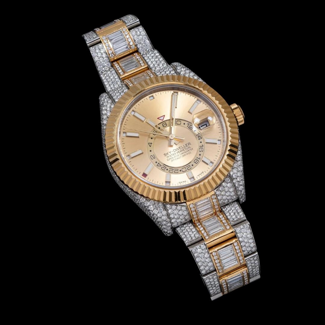 Rolex Sky-Dweller Champagne Dial Fluted Bezel Two Tone Yellow Gold Iced Out Oyster Bracelet Moissanite Watch Close Up Front View