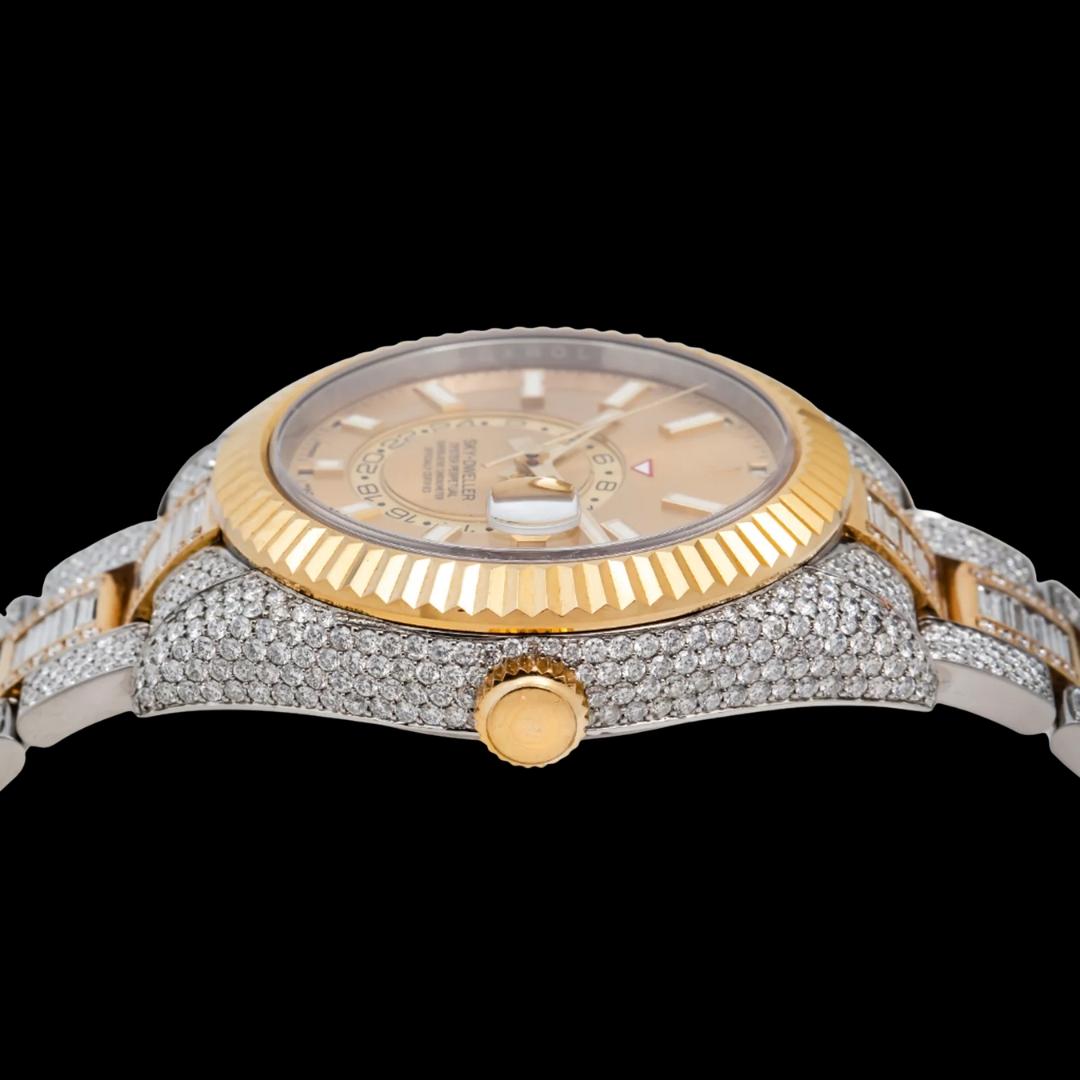 Rolex Sky-Dweller Champagne Dial Fluted Bezel Two Tone Yellow Gold Iced Out Oyster Bracelet Moissanite Watch Crown View