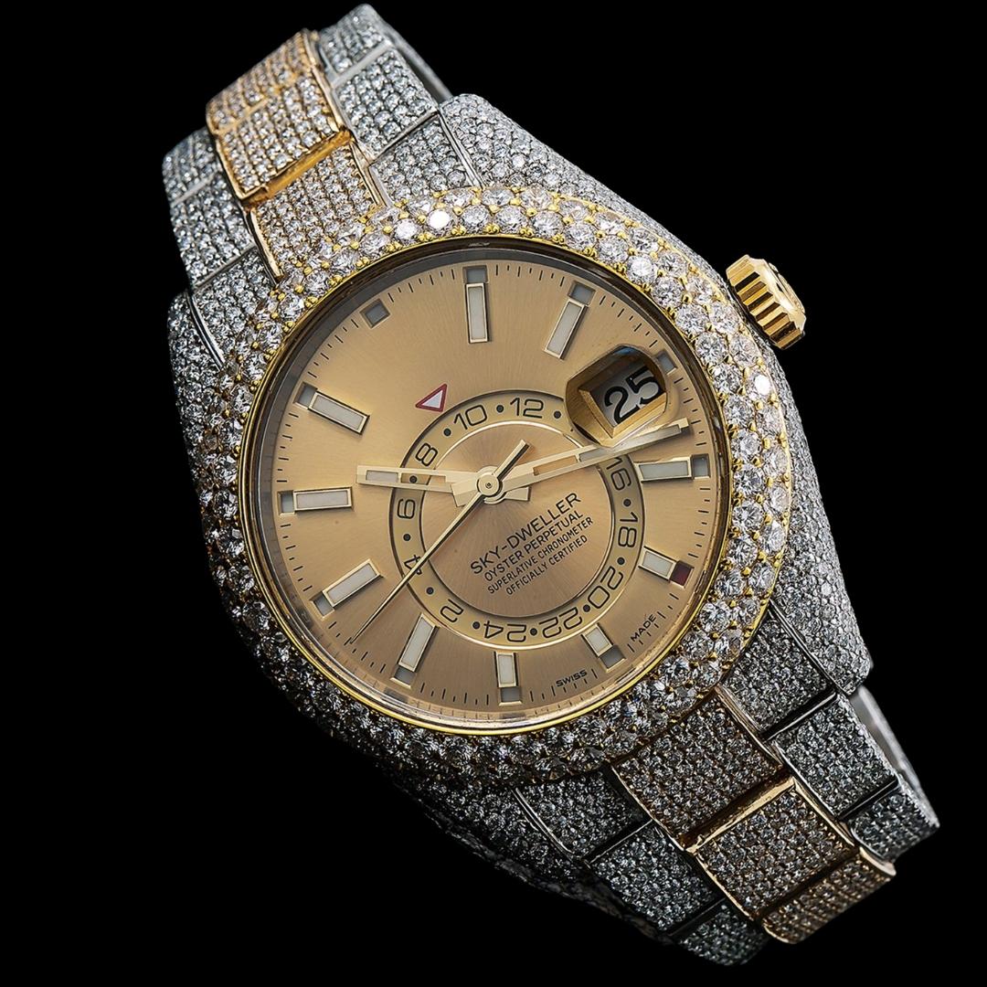 Rolex Sky-Dweller Champagne Dial White Stick Markers Diamond Bezel Two Tone Yellow Gold Iced Out Oyster Bracelet Watch Close Up Front View