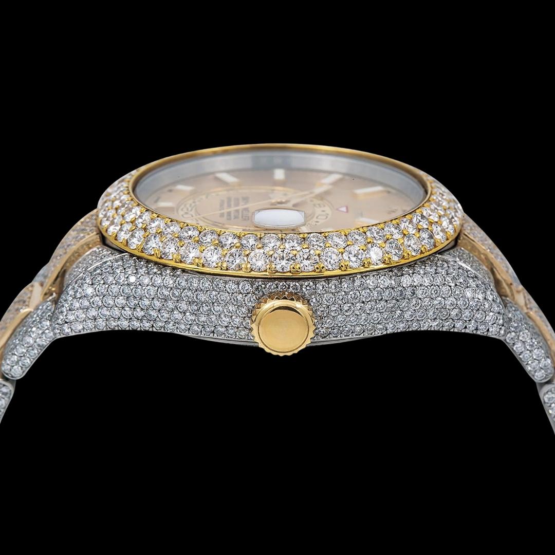Rolex Sky-Dweller Champagne Dial White Stick Markers Diamond Bezel Two Tone Yellow Gold Iced Out Oyster Bracelet Watch Crown View