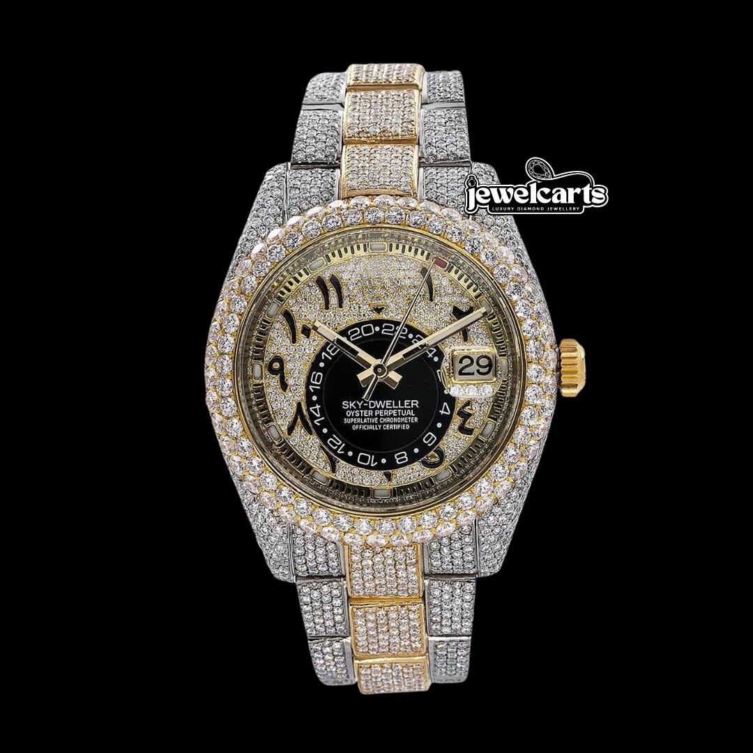 Rolex Sky-Dweller Diamond Paved Arabic Dial Two Tone Yellow Gold Oyster Strap Fully Iced Out Moissanite Watch Front View
