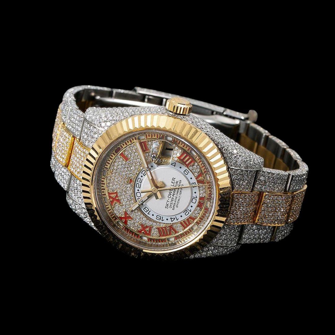 Rolex Sky-Dweller Diamond Paved Dial Red Roman Numerals Two Tone Yellow Gold Iced Out Moissanite Watch Bezel View