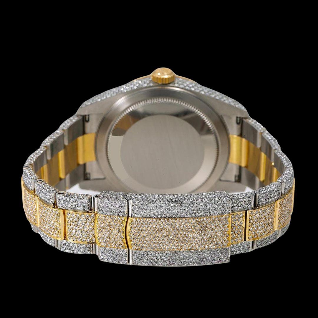 Rolex Sky-Dweller Diamond Paved Dial Red Roman Numerals Two Tone Yellow Gold Iced Out Moissanite Watch Caseback View