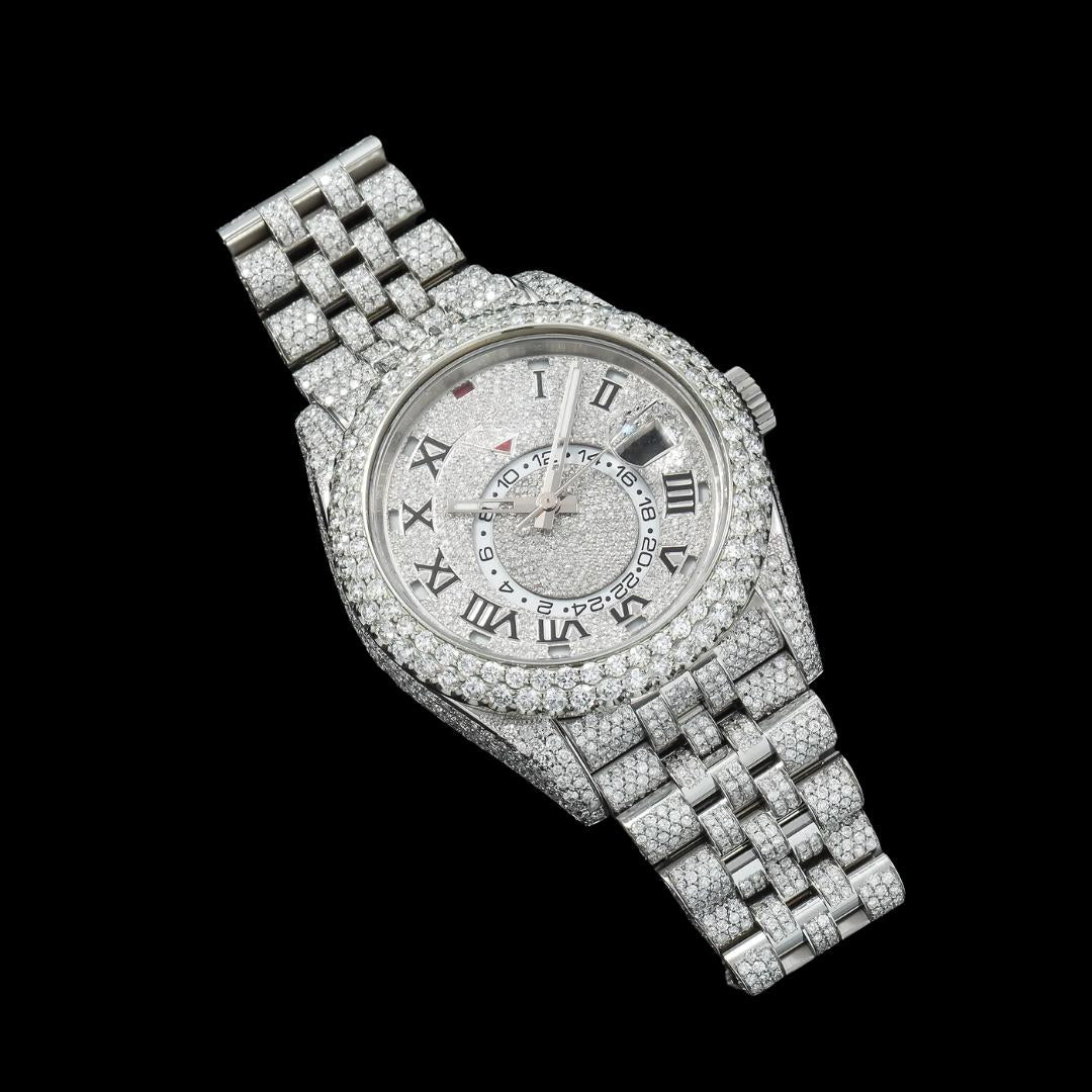 Rolex Sky-Dweller Diamond Paved Dial Roman Numerals Fully Iced Out Jubilee Bracelet Moissanite Watch Close Up Front View