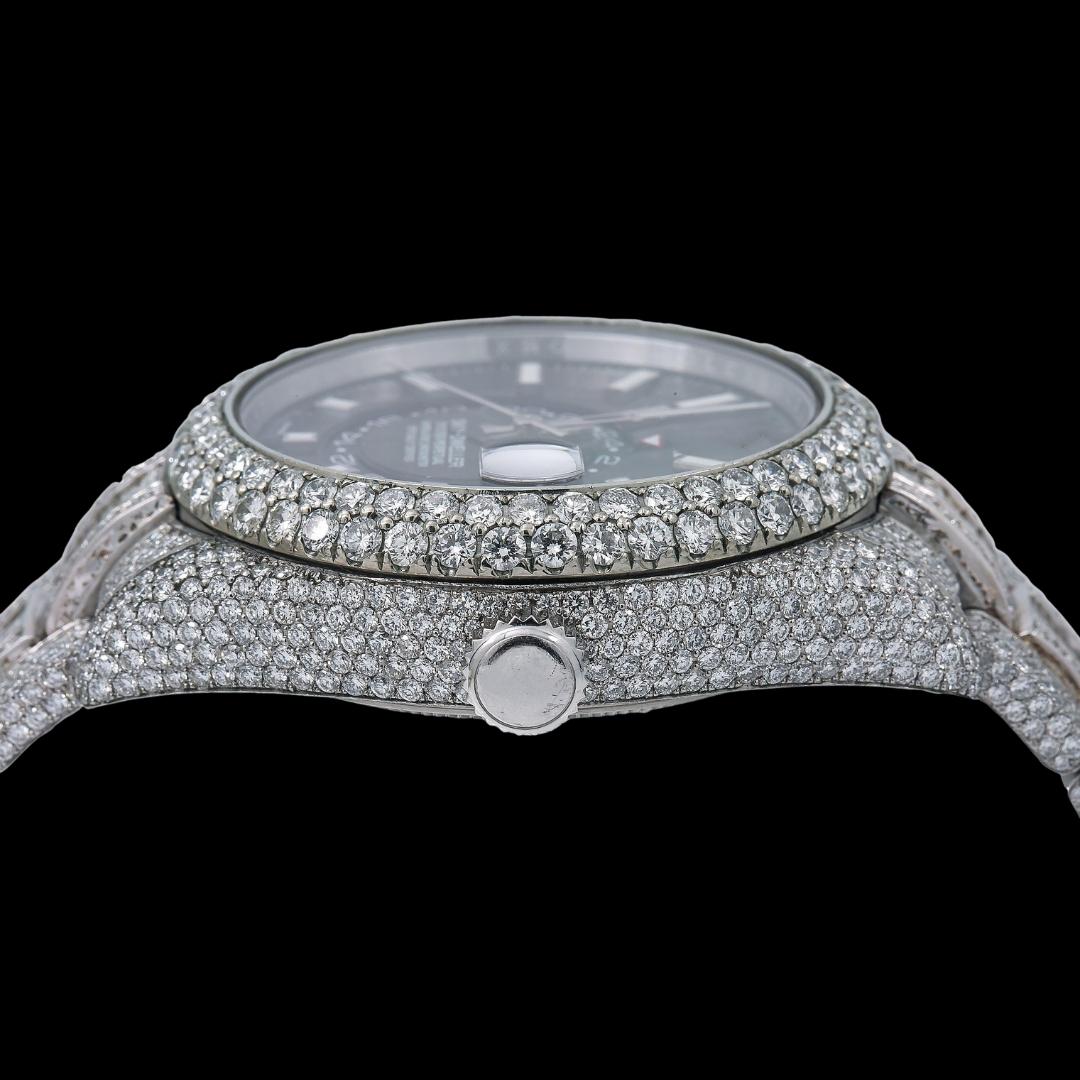 Rolex Sky-Dweller Stick Markers Black Dial Iced Out Baguette Oyster Bracelet Moissanite Watch Crown View