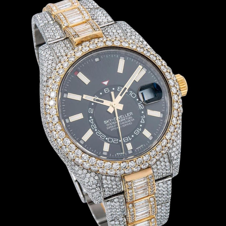 Rolex Sky-Dweller Stick Markers Black Dial Two Tone Baguette Oyster Bracelet Moissanite Watch Close Up Dial View