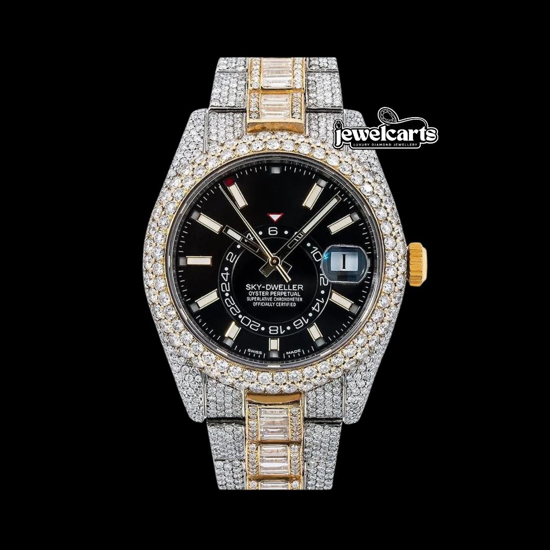 Rolex Sky-Dweller Stick Markers Black Dial Two Tone Baguette Oyster Bracelet Moissanite Watch Front View