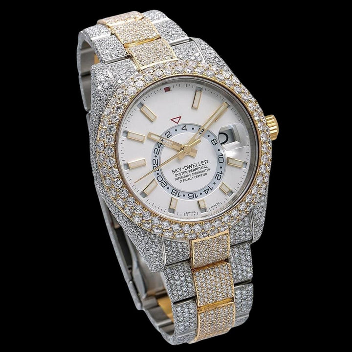 Rolex Sky-Dweller White Dial Stick Markers Two Tone Yellow Gold Oyster Bracelet Iced Out Moissanite Watch Close Up Dial View