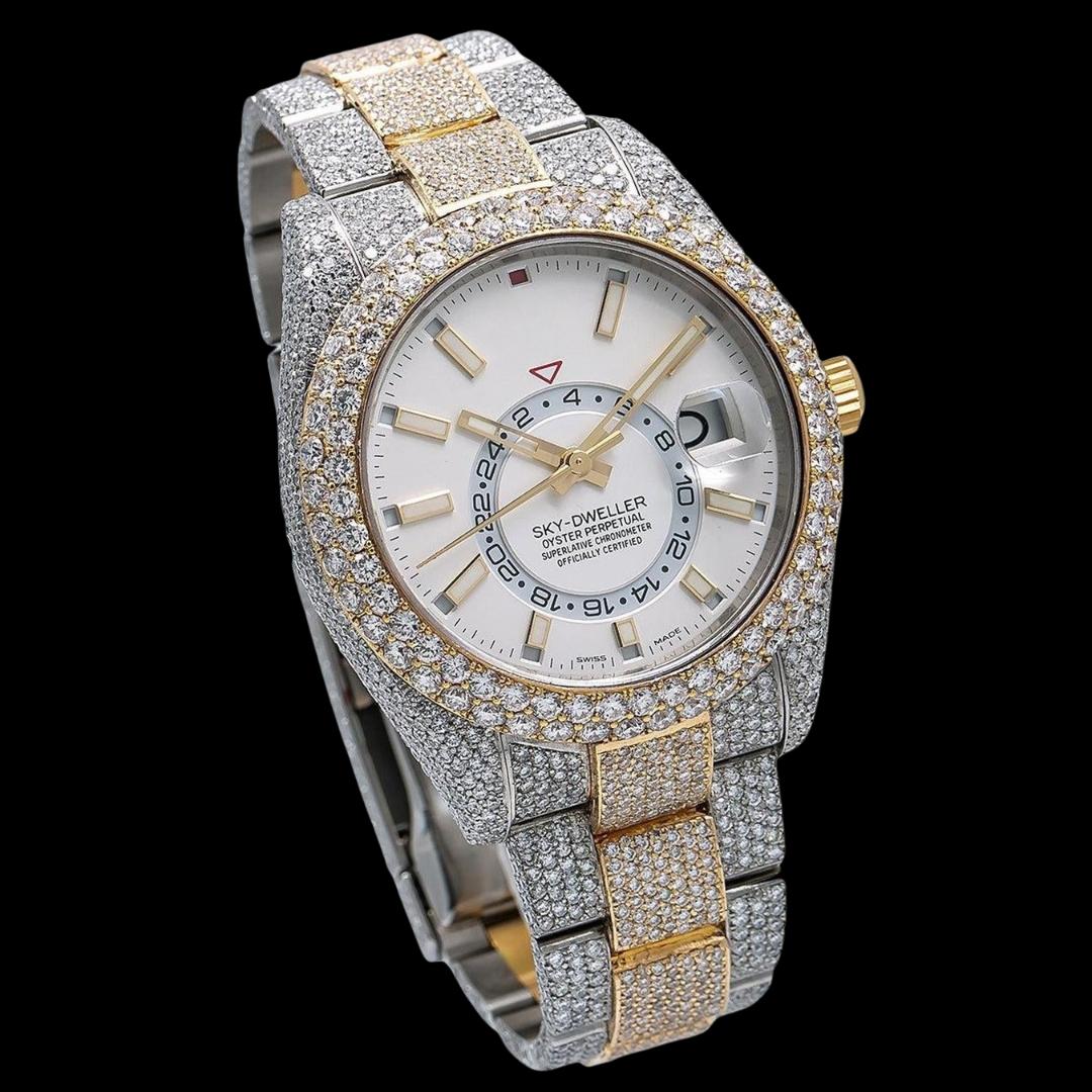 Rolex Sky-Dweller White Dial Stick Markers Two Tone Yellow Gold Oyster Bracelet Iced Out Moissanite Watch Close Up Dial View