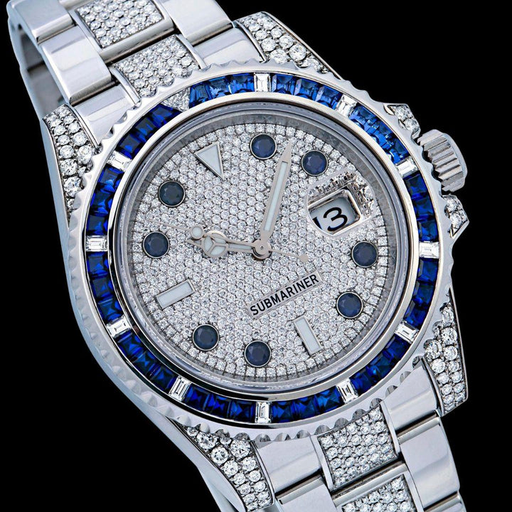 Rolex Submariner Date Dial Rotatable Diamond Bezel Iced Out Oyster Strap Moissanite Watch Close Up Dial View