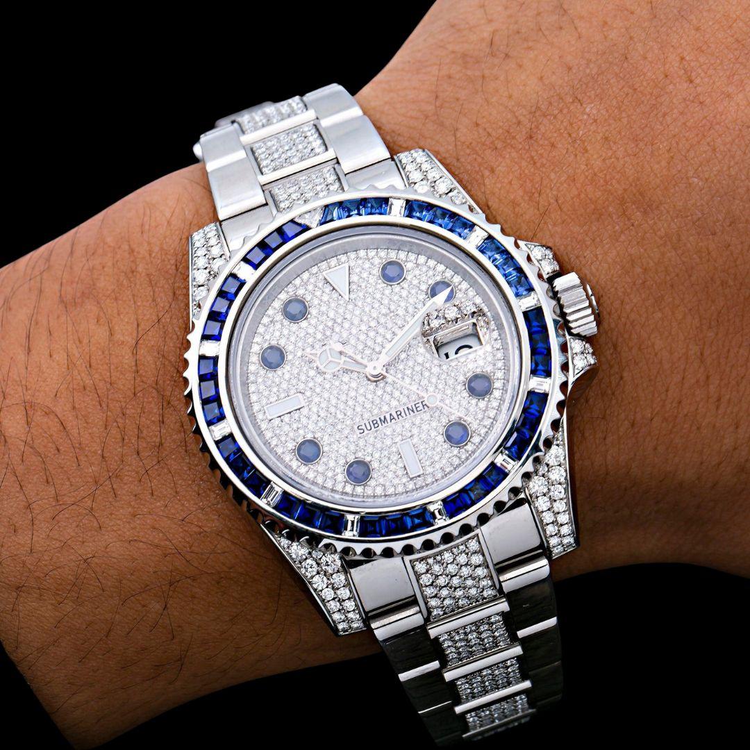 Rolex Submariner Date Dial Rotatable Diamond Bezel Iced Out Oyster Strap Moissanite Watch On Wrist View