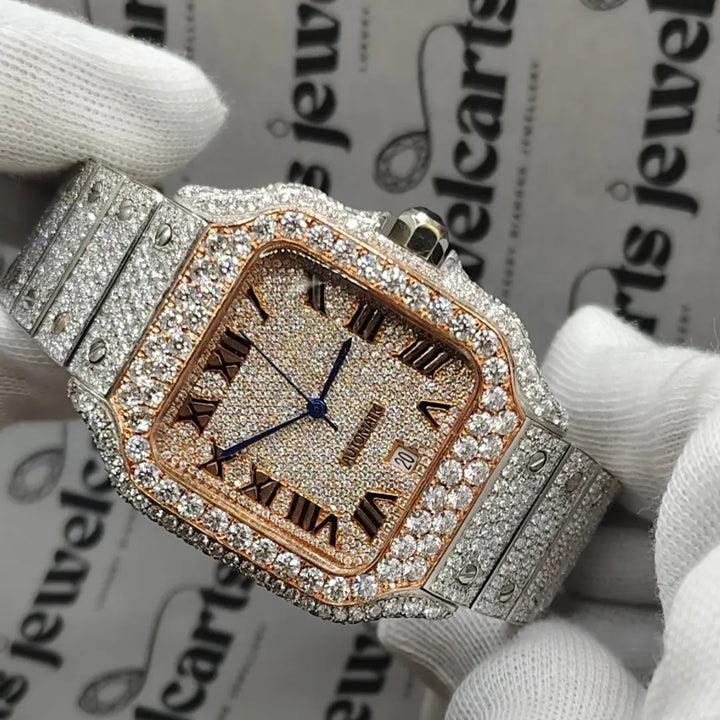 Roman Dial Cartier Santos Fully Iced Out Moissanite Watch Close Up Dial View