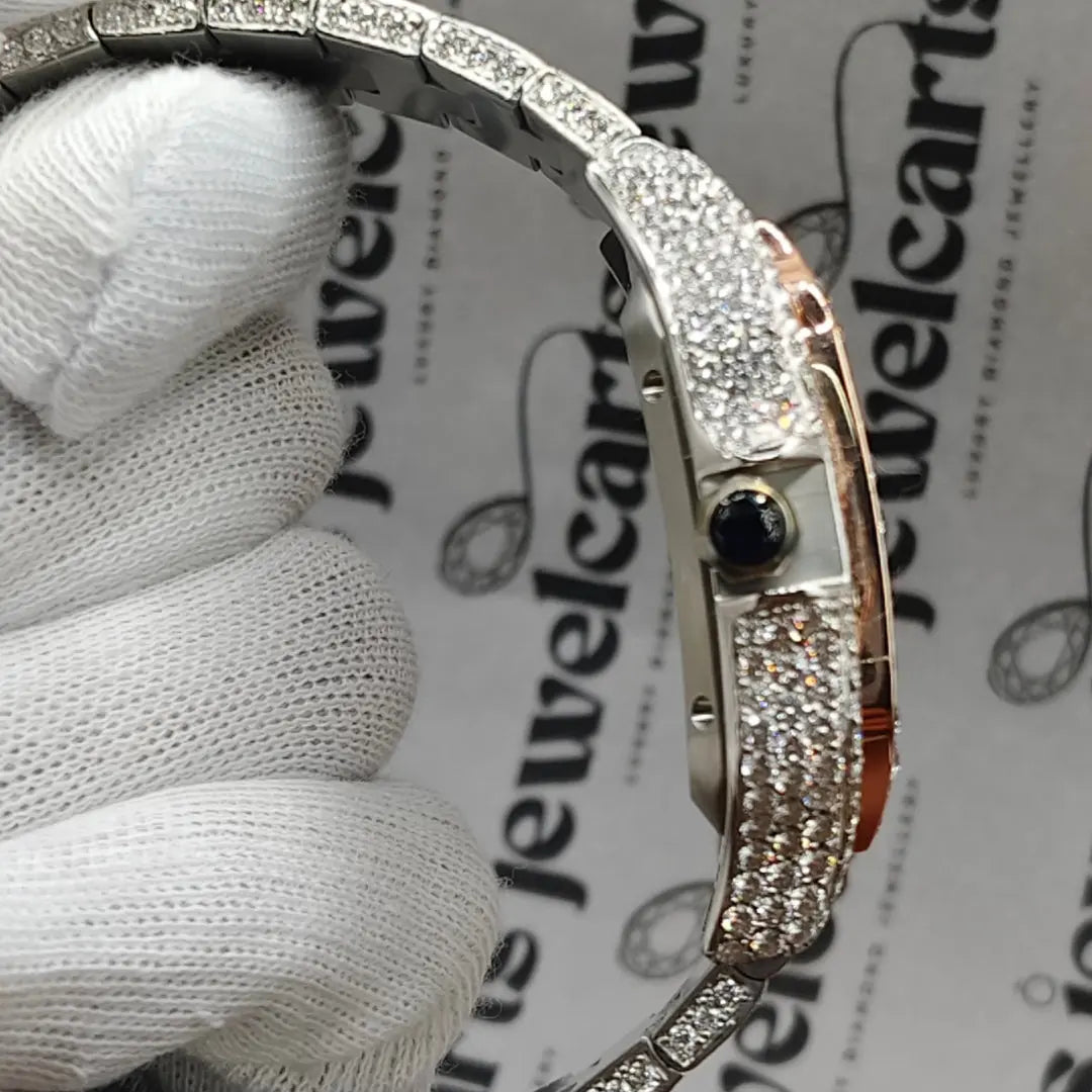 Roman Dial Cartier Santos Fully Iced Out Moissanite Watch Crown View