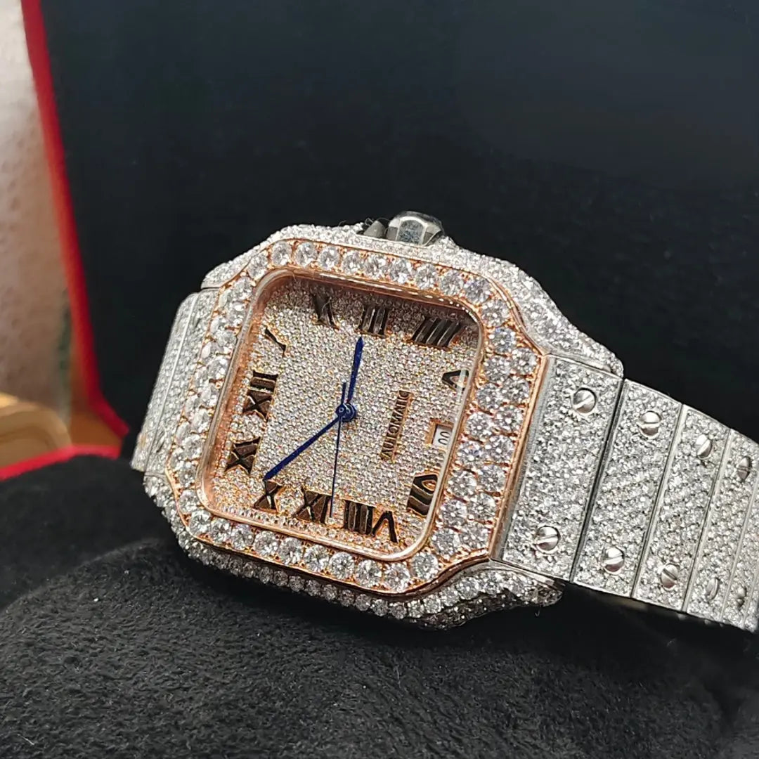 Roman Dial Cartier Santos Fully Iced Out Moissanite Watch Left Profile View