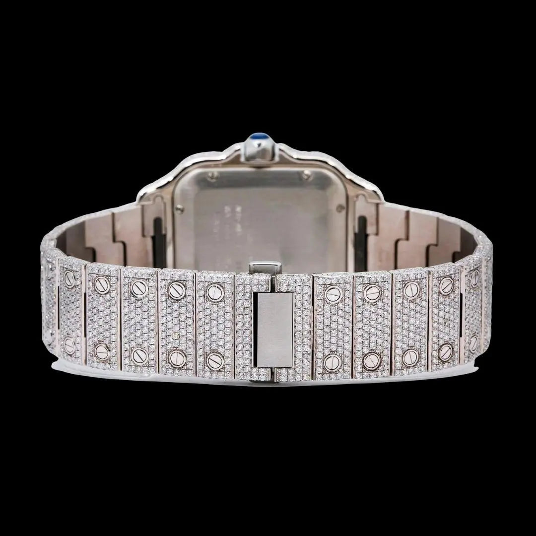 Rose Gold Roman Dial Cartier Santos Two Tone Iced Out Moissanite Watch Caseback View
