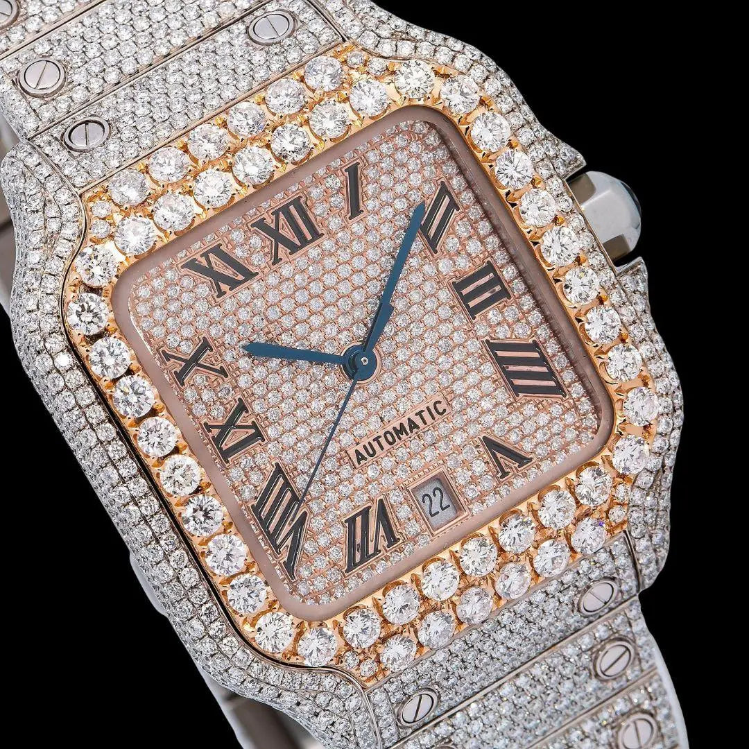 Rose Gold Roman Dial Cartier Santos Two Tone Iced Out Moissanite Watch Close Up Dial View