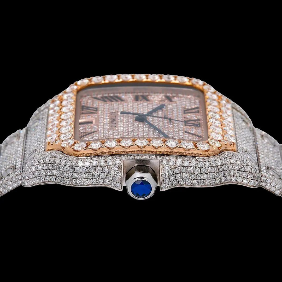 Rose Gold Roman Dial Cartier Santos Two Tone Iced Out Moissanite Watch Crown View
