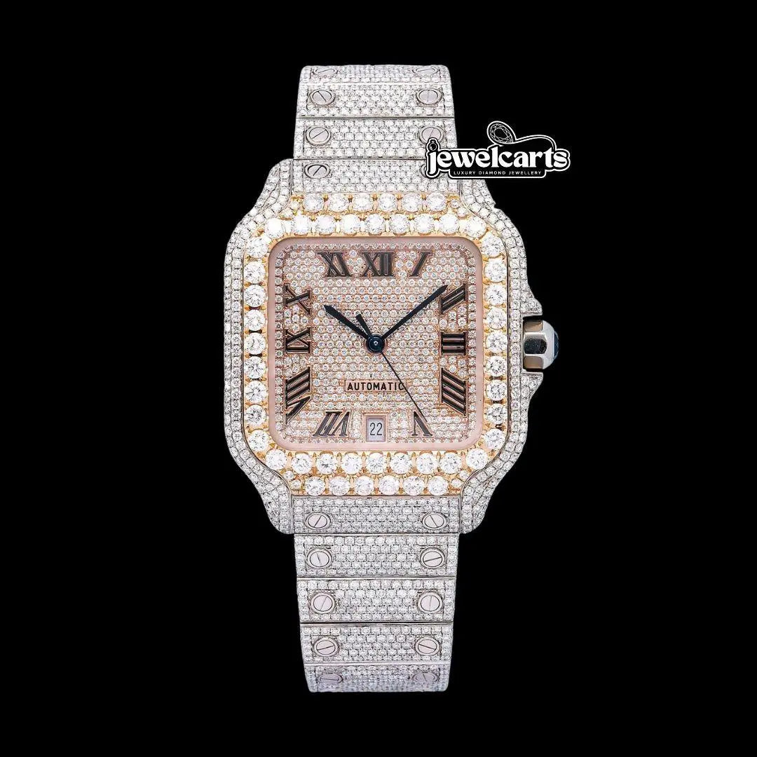 Rose Gold Roman Dial Cartier Santos Two Tone Iced Out Moissanite Watch Front View
