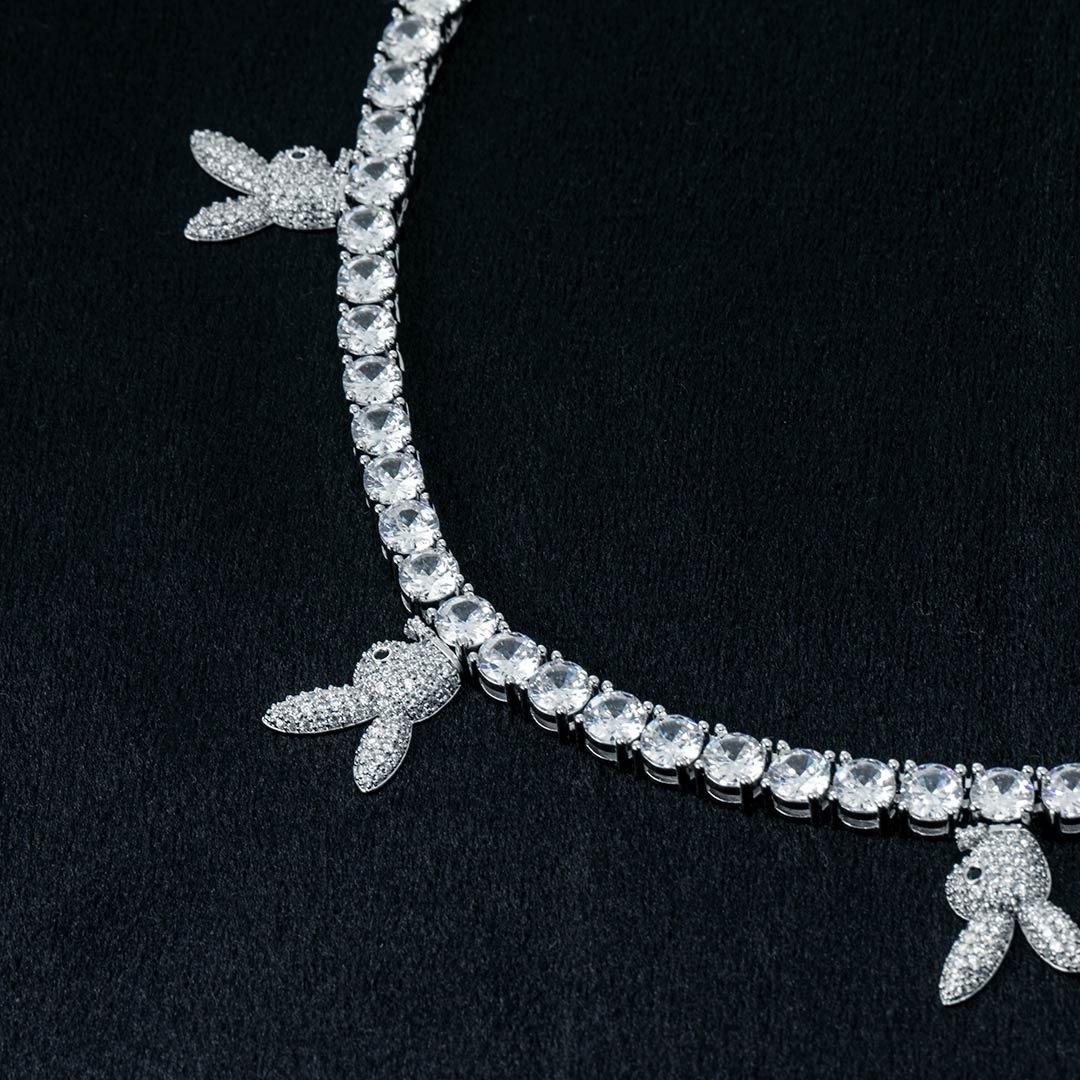 Round Moissanite Bunny Accent Tennis Necklace in 14K White Gold Close Up Front View
