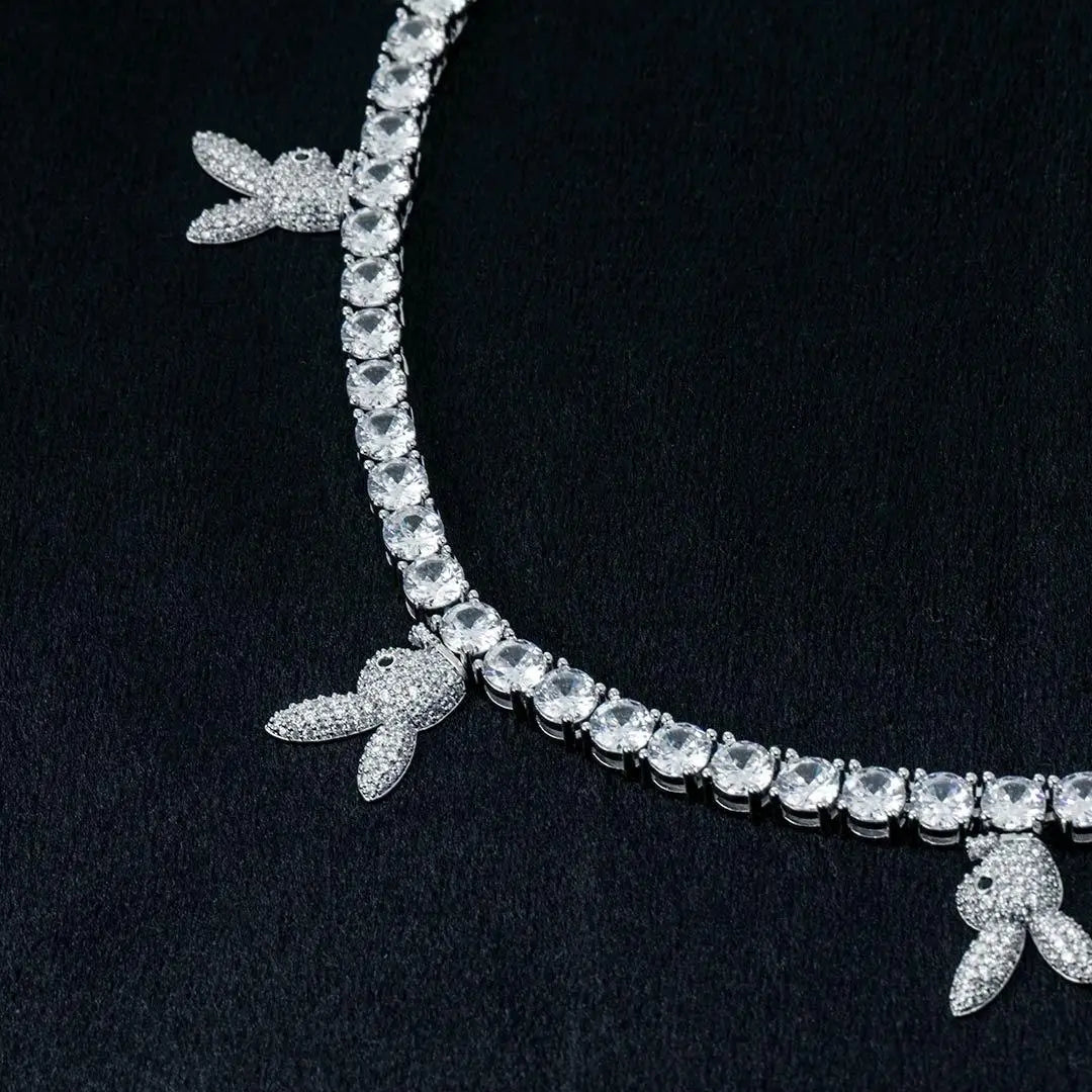 Round Moissanite Bunny Accent Tennis Necklace in 14K White Gold Close Up Front View