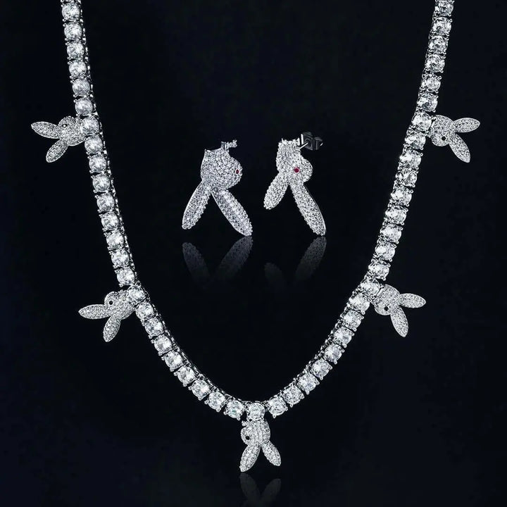 Round Moissanite Bunny Accent Tennis Necklace in 14K White Gold Detailed Link View