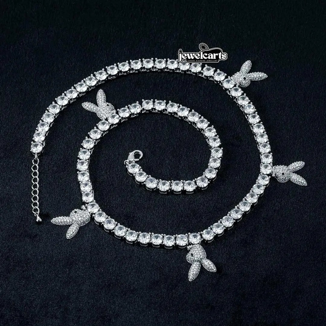 Round Moissanite Bunny Accent Tennis Necklace in 14K White Gold Front View
