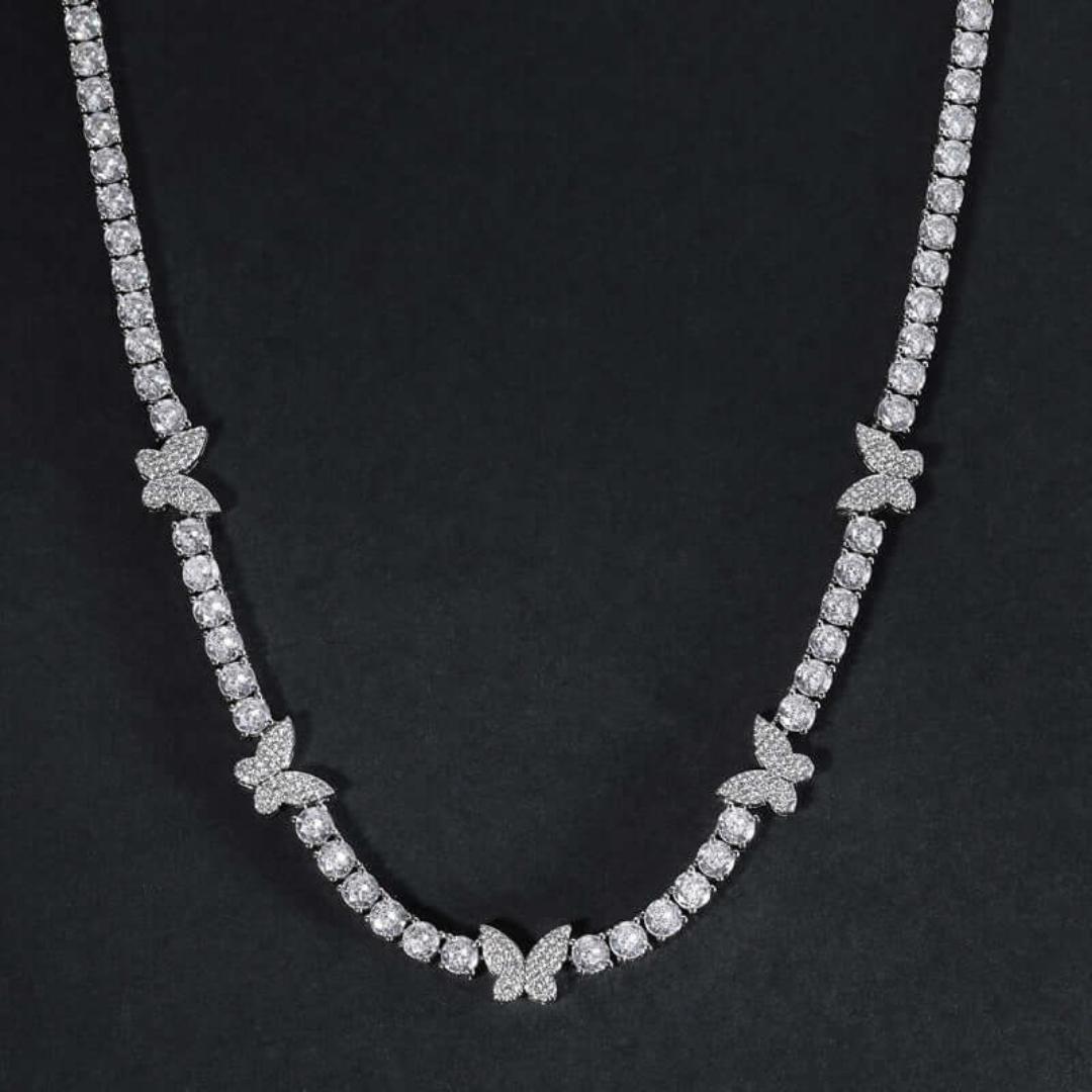 Round Moissanite Butterfly Accent Tennis Necklace in 14K White Gold Detailed Close Up View