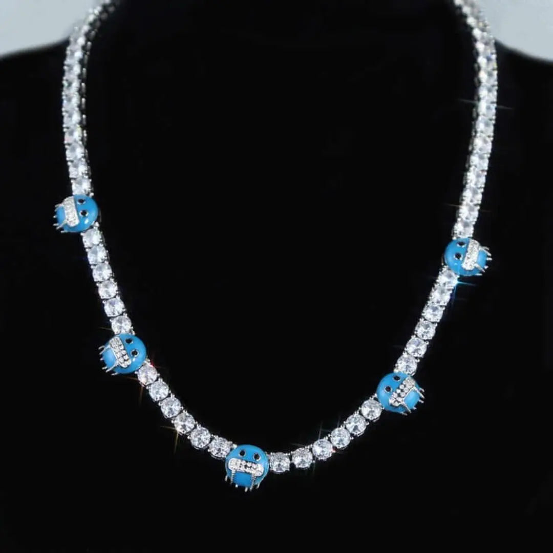 Round Moissanite Cold Face Accent Tennis Necklace in 14K White Gold Close Up Neck View
