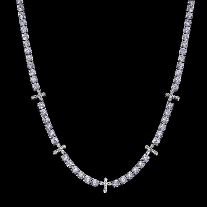 Round Moissanite Cross Accent Tennis Necklace in 14K White Gold Close Up Front View