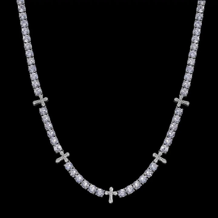 Round Moissanite Cross Accent Tennis Necklace in 14K White Gold Close Up Front View