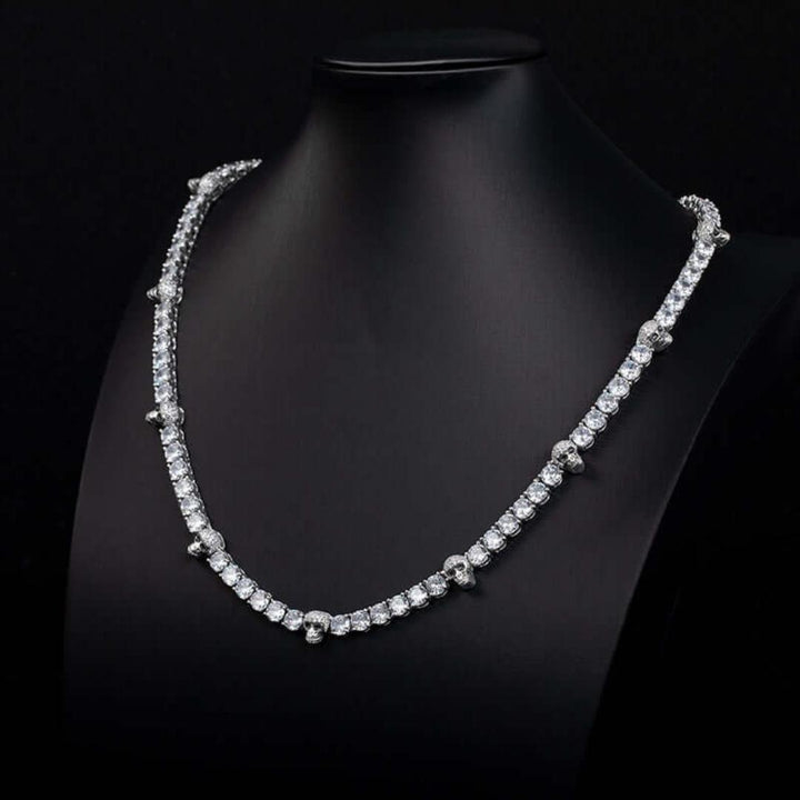 Round Moissanite Geometric Accent Tennis Necklace in 14K White Gold On Neck View