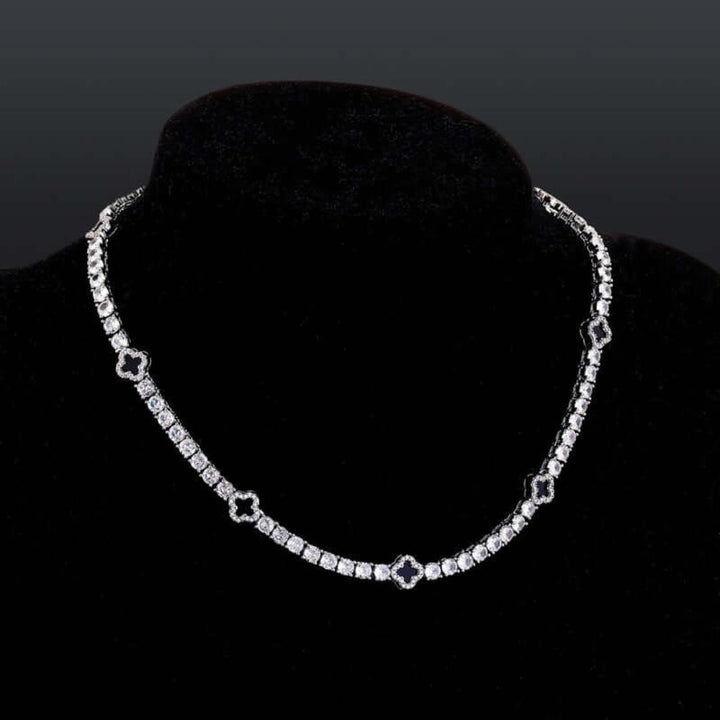 Round Moissanite Geometric Clover Tennis Necklace in 14K White Gold On Neck View