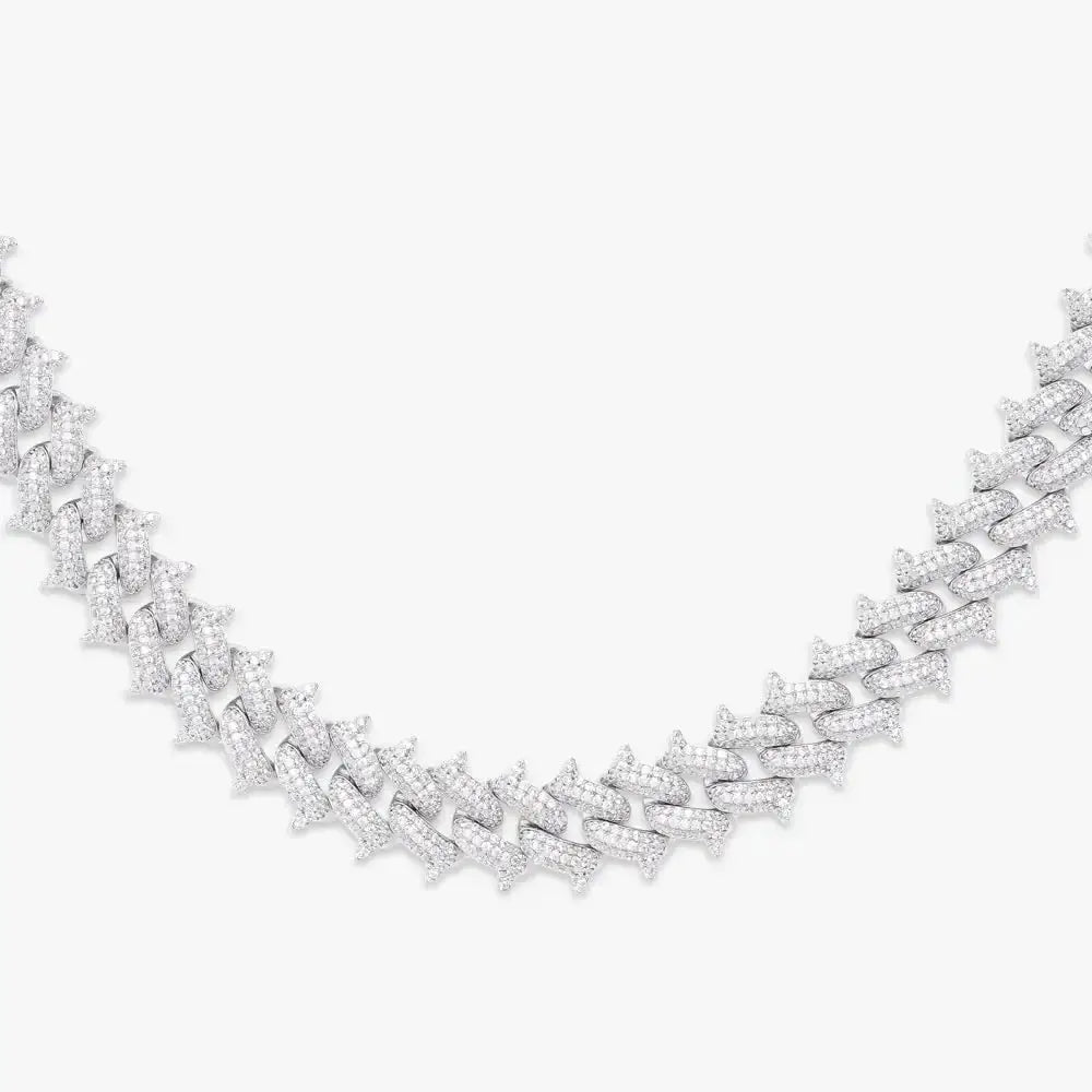 Round Moissanite Geometric Cuban Link Necklace in 14K White Gold Close Up Front View