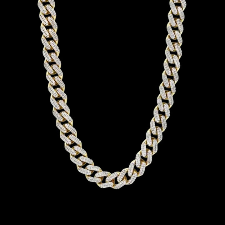 Round Moissanite Geometric Pavé Cuban Link Necklace in 14K Yellow Gold Detailed Close Up View
