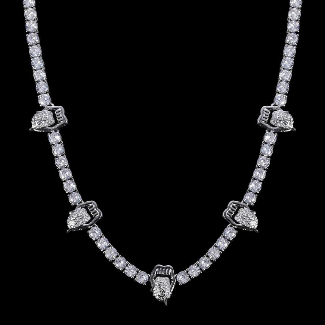 Round Moissanite Lips and Tongue Accent Tennis Necklace in 14K White Gold Close Up Front View