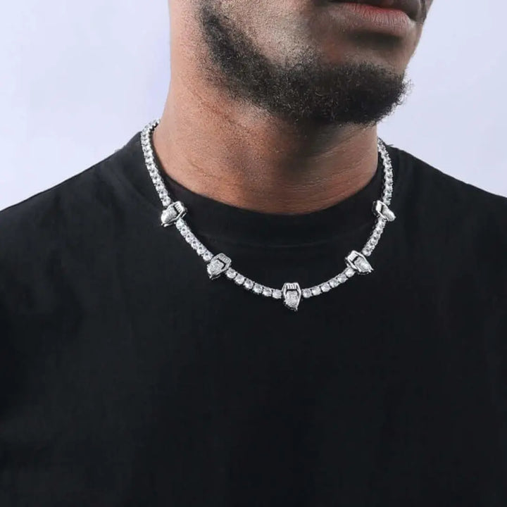 Round Moissanite Lips and Tongue Accent Tennis Necklace in 14K White Gold On Neck View