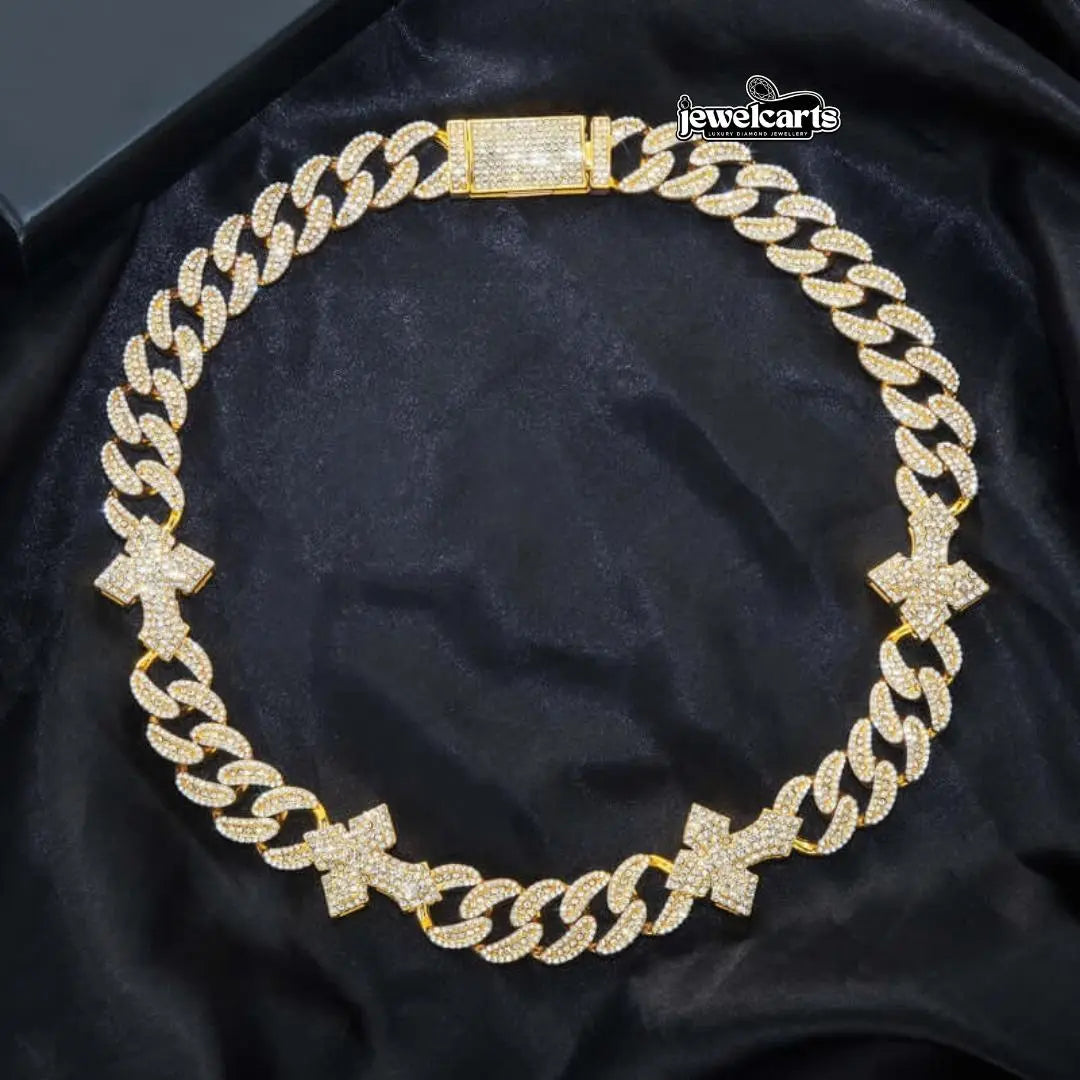 Round Moissanite Pavé Cross Accent Cuban Link Necklace in 14K Yellow Gold Front View