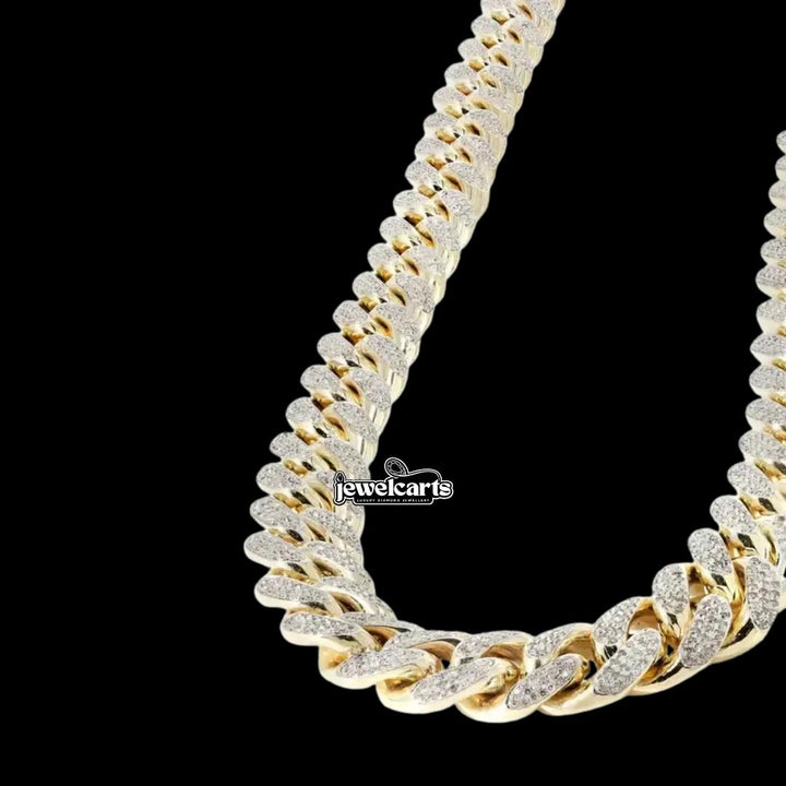 Round Moissanite Pavé Cuban Link Necklace in 14K Gold Close Up Front View