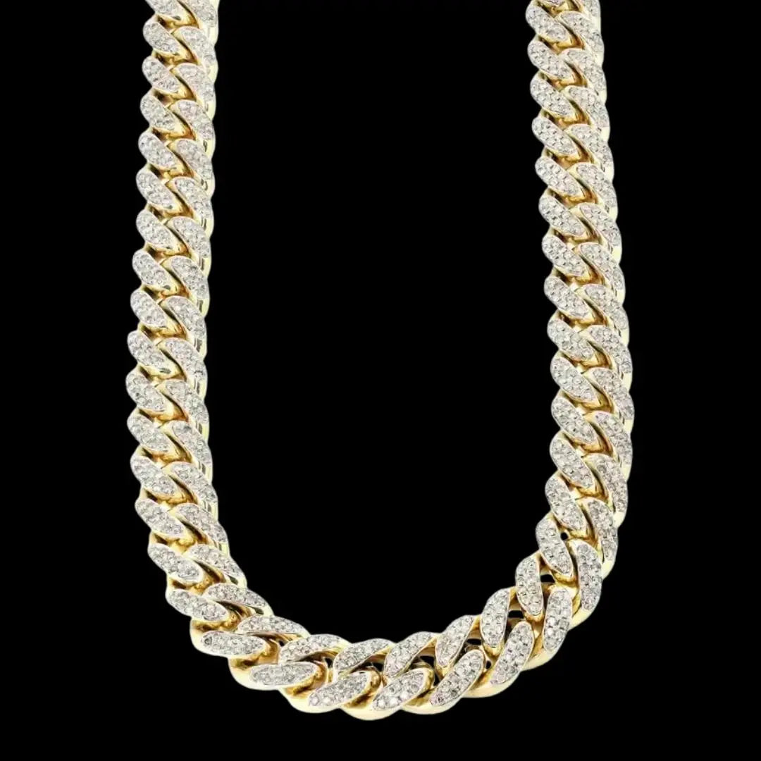 Round Moissanite Pavé Cuban Link Necklace in 14K Gold Front View