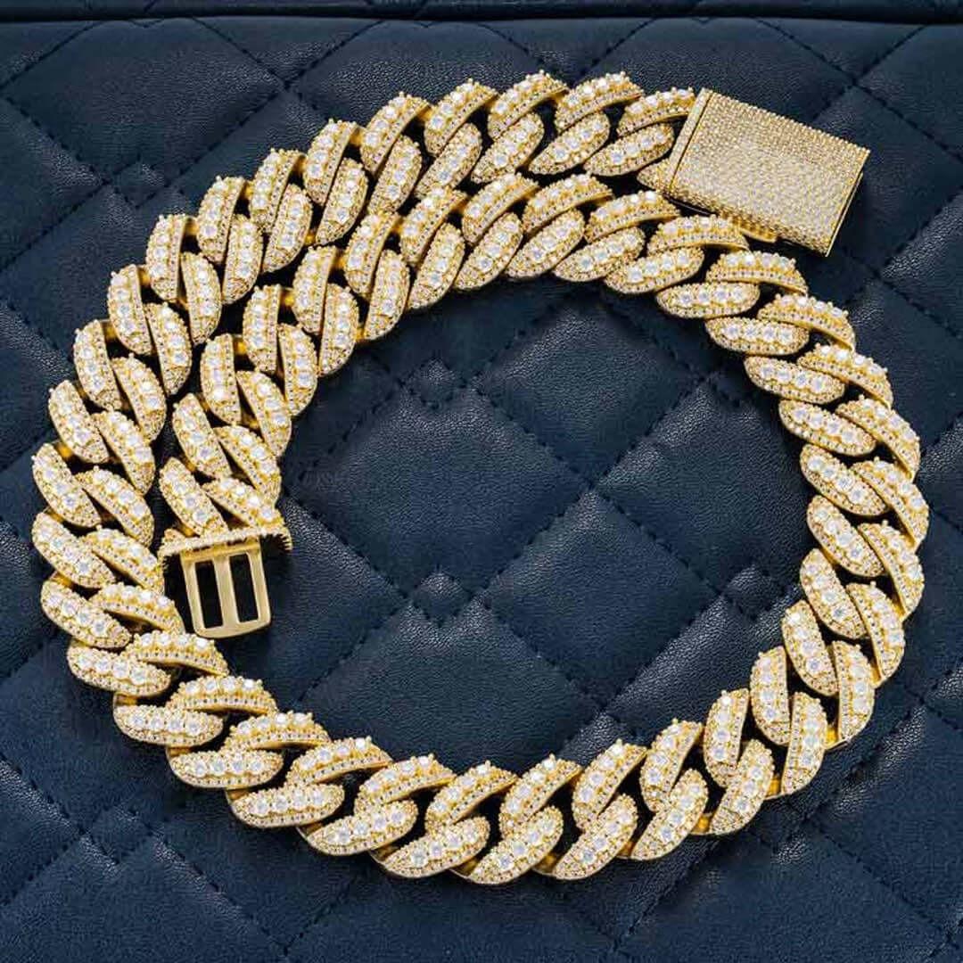 Round Moissanite Pavé Cuban Link Necklace in 14K Yellow Gold Close Up Front View