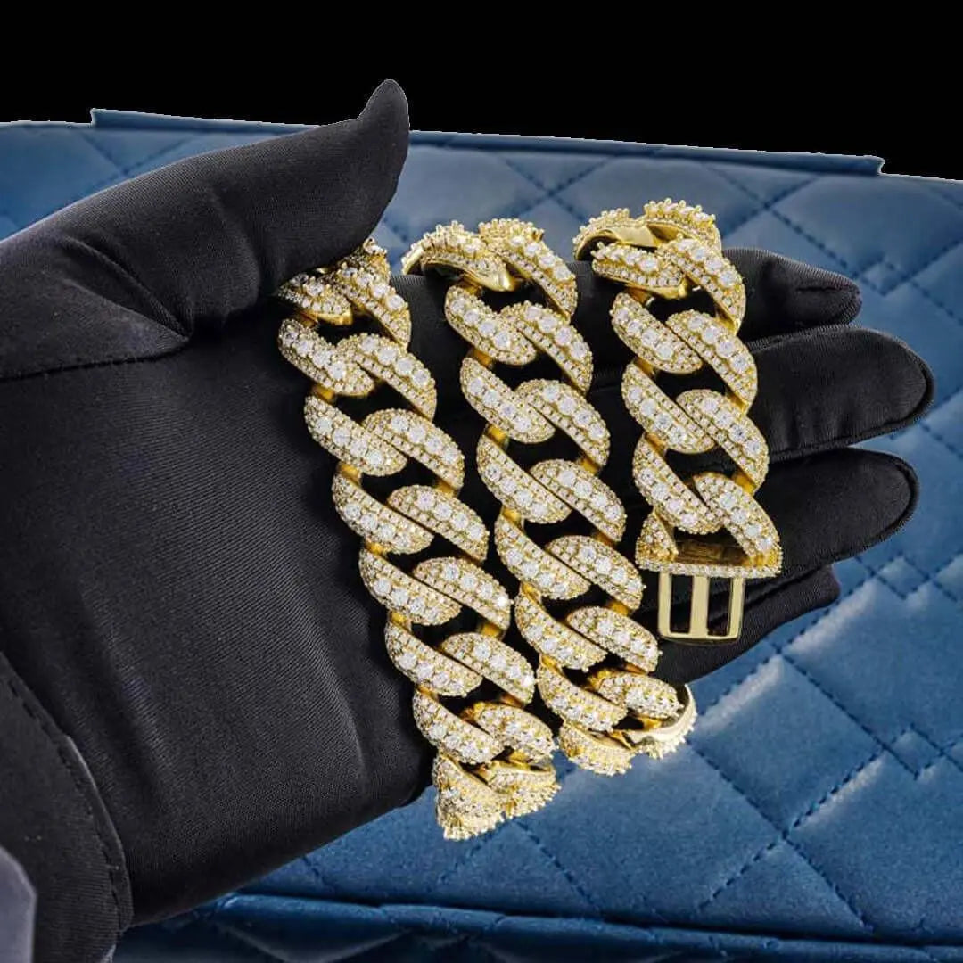Round Moissanite Pavé Cuban Link Necklace in 14K Yellow Gold On Hand View