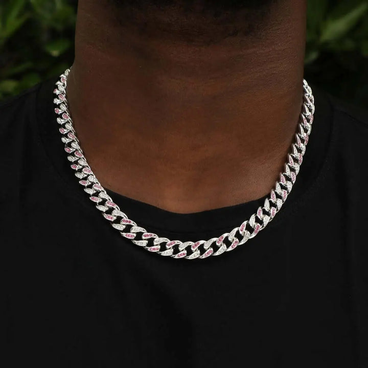 Round Moissanite Pink Accent Cuban Link Necklace in 14K White Gold On Neck View